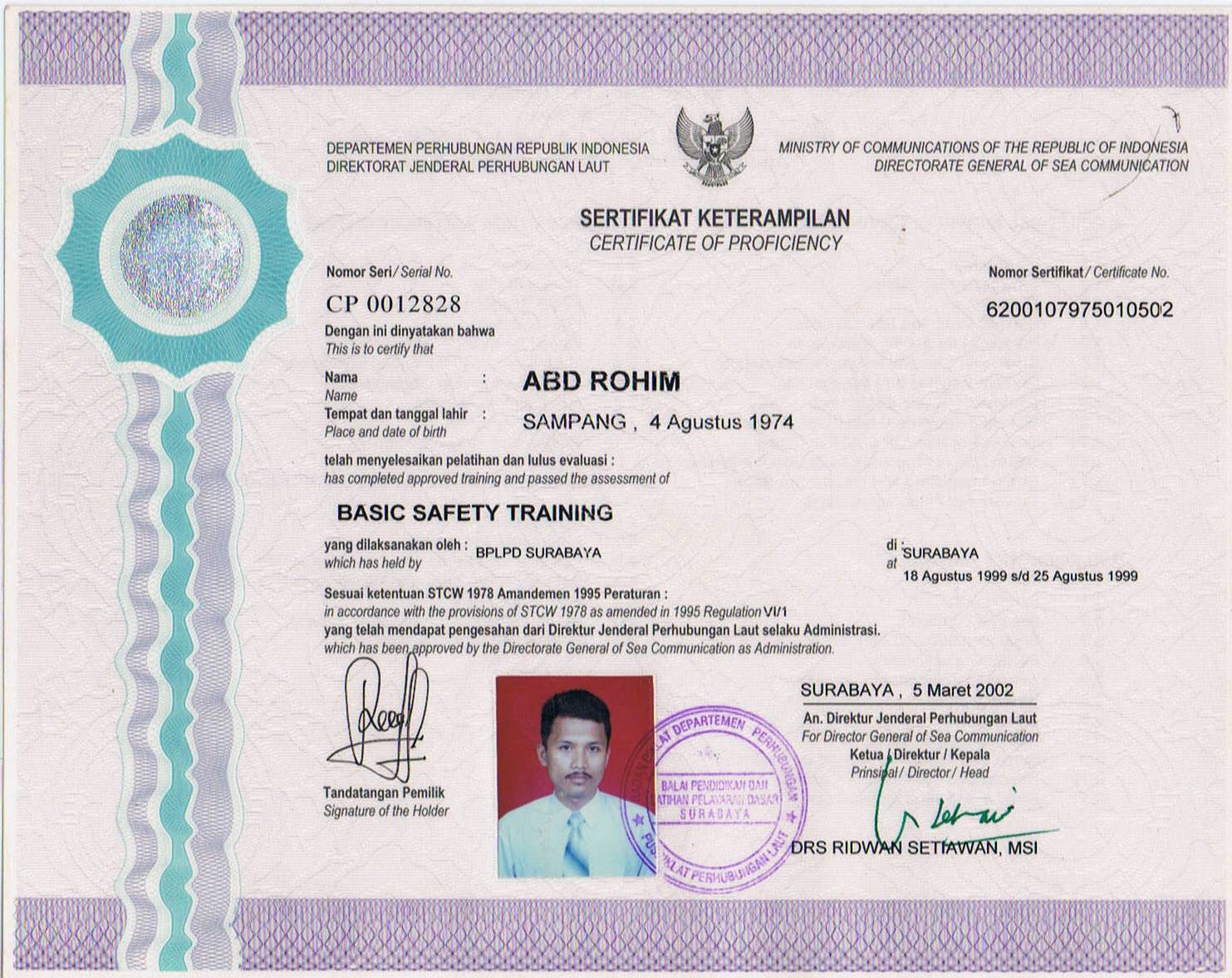 Certificate Abd Rohim - CERTIFICATE OF COMPETENCY